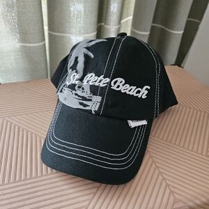 Black St. Pete Beach Florida Baseball Cap Hat Palm Tree Vacation Embroidered
